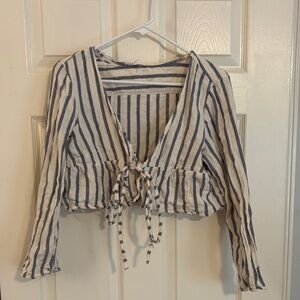 Striped Tie-Front Crop Top - Blue and Cream
